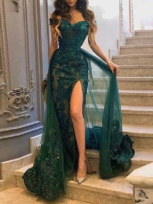 Sheath/Column Off-The-Shoulder Floor-Length Long Prom Dresses With Applique & Split Side Sexy