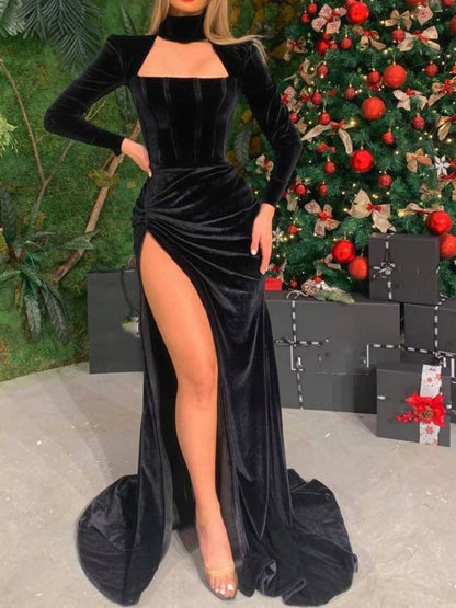 Sheath/Column Long Sleeves Long Dresses With Split Side Sexy Evening Dresses
