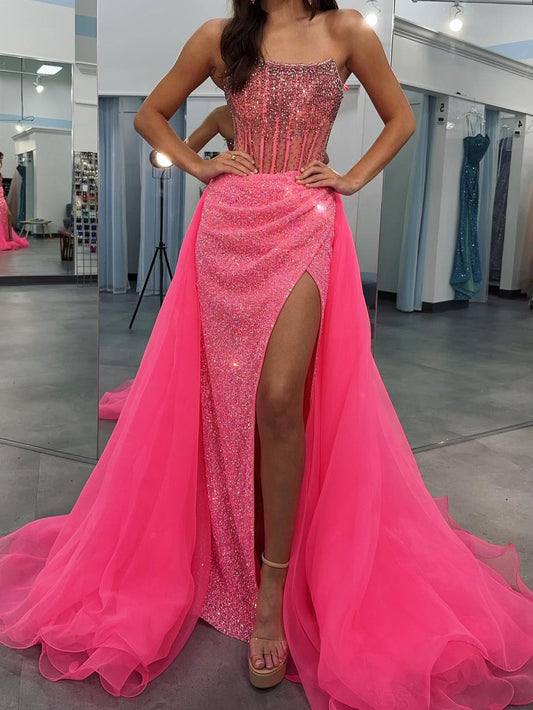 Sheath/Column Strapless Long Dresses With Sequins & Split Side Sparkly Evening Dresses