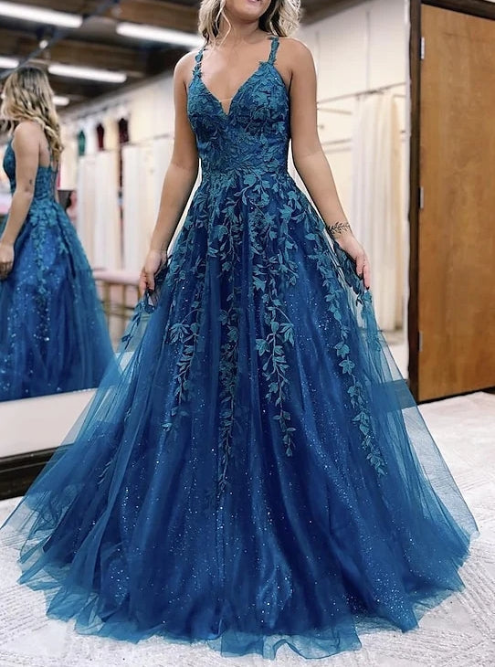 A-Line/Princess Spaghetti Straps Floor-Length Long Prom Dresses Sexy