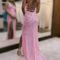 Sheath/Column Spaghetti Straps Floor-Length Prom Dresses V-neck Sparkly 