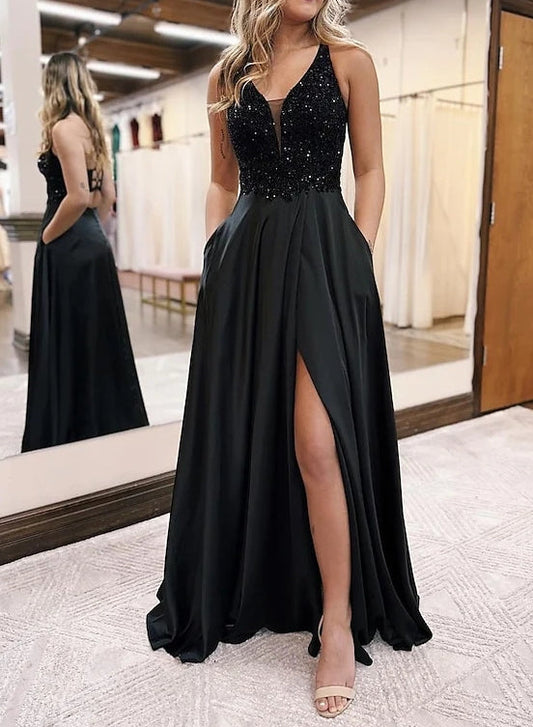 A-Line/Princess V-Neck Floor-Length Prom Dresses Sparkly Evening Dresses