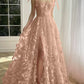 A-Line/Princess Spaghetti Straps Long Prom Floral Dresses With Split Side Pure Color