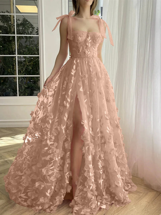 A-Line/Princess Spaghetti Straps Long Prom Floral Dresses With Split Side Pure Color