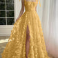 A-Line/Princess Spaghetti Straps Long Prom Floral Dresses With Split Side Pure Color