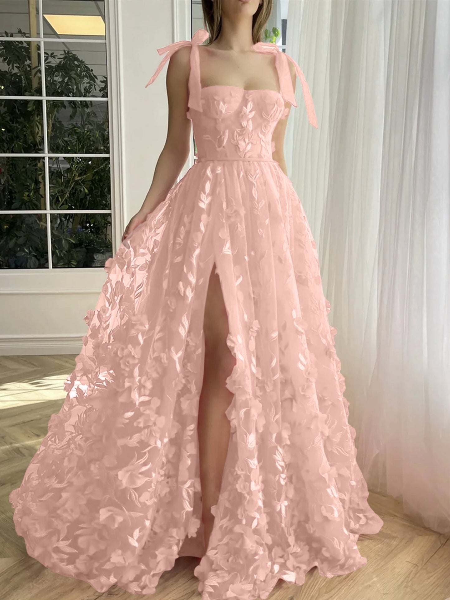 A-Line/Princess Spaghetti Straps Long Prom Floral Dresses With Split Side Pure Color