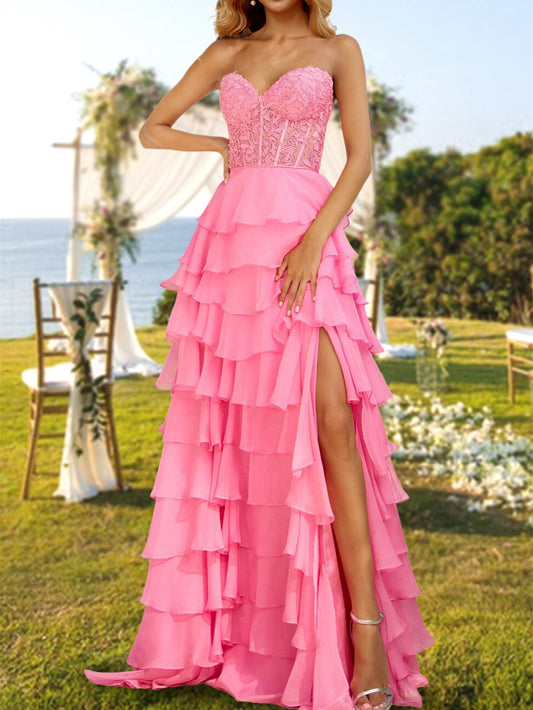 A-Line/Princess Strapless Long Prom Evening Party Dresses With Sequins & Split Side Sexy