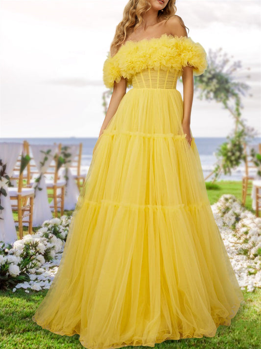 A-Line/Princess Off-The-Shoulder Long Tulle Prom Evening Party Dresses With Ruffles Pure Color