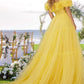 A-Line/Princess Off-The-Shoulder Long Tulle Prom Evening Party Dresses With Ruffles Pure Color