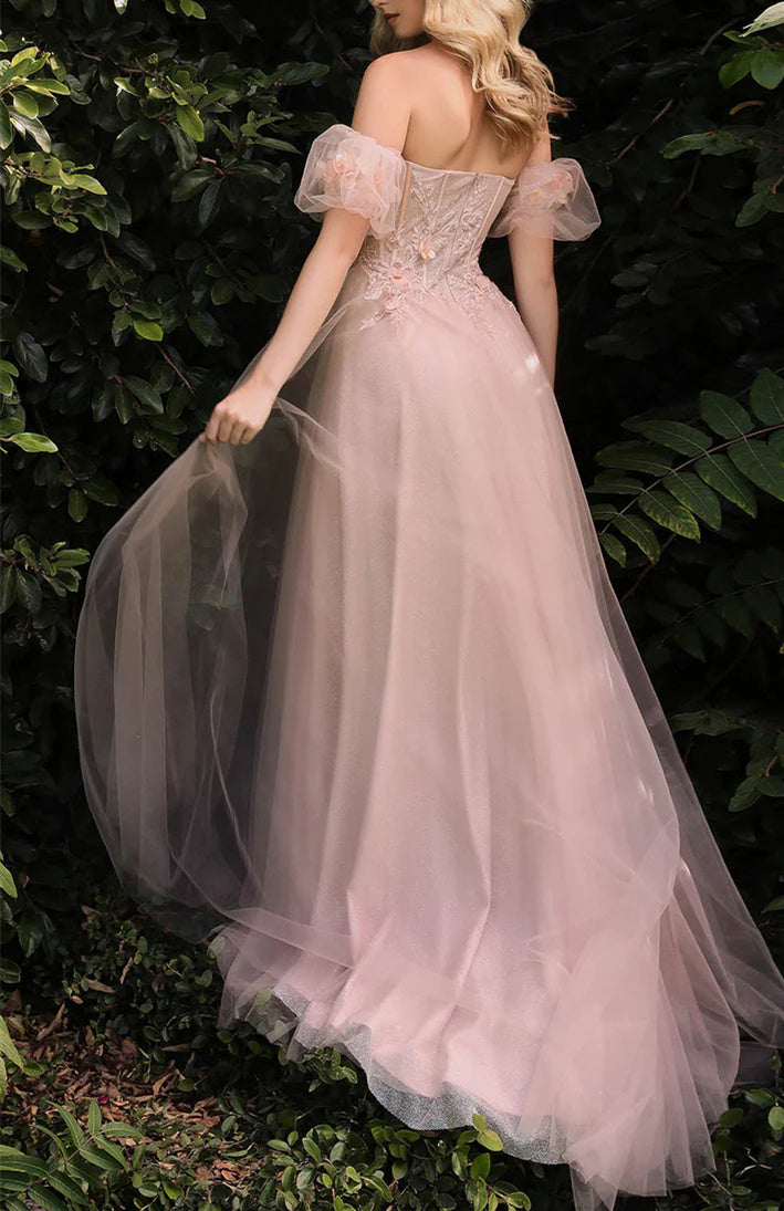 A-Line/Princess Sweetheart Short Sleeves Floor-Length Long Floral Prom Dresses With Split