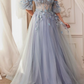 A-Line/Princess Sweetheart Short Sleeves Floor-Length Long Prom Dresses With Flowers Sexy