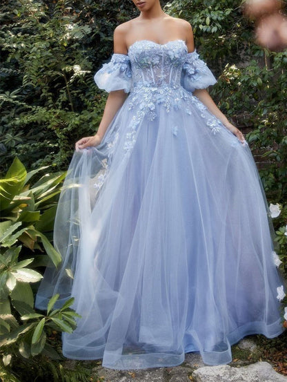 A-Line/Princess Sweetheart Short Sleeves Floor-Length Long Prom Dresses With Flowers Sexy