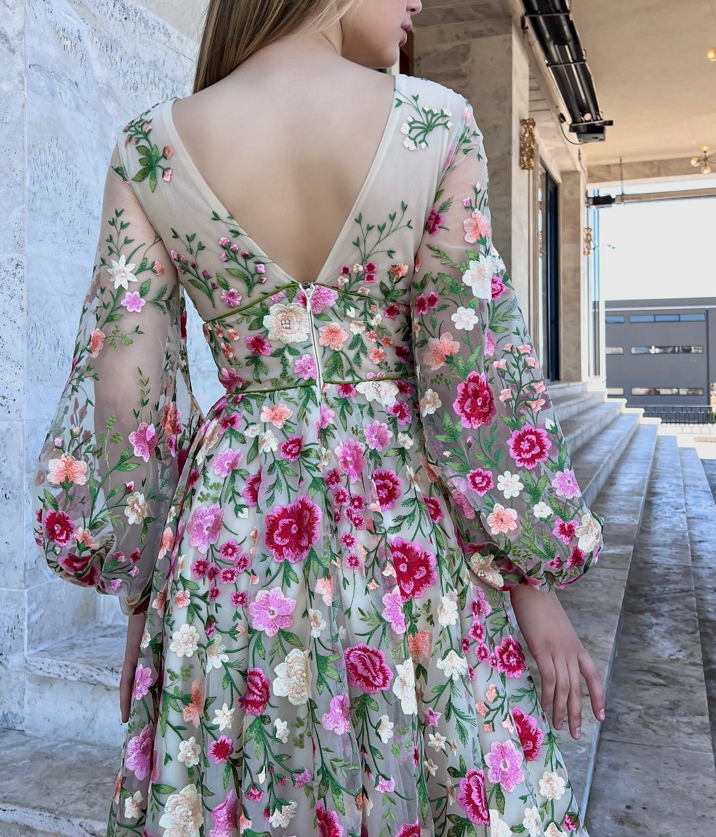 A-Line/Princess V-Neck Long Sleeves Floral Formal Party Dresses With Flowers Beautiful