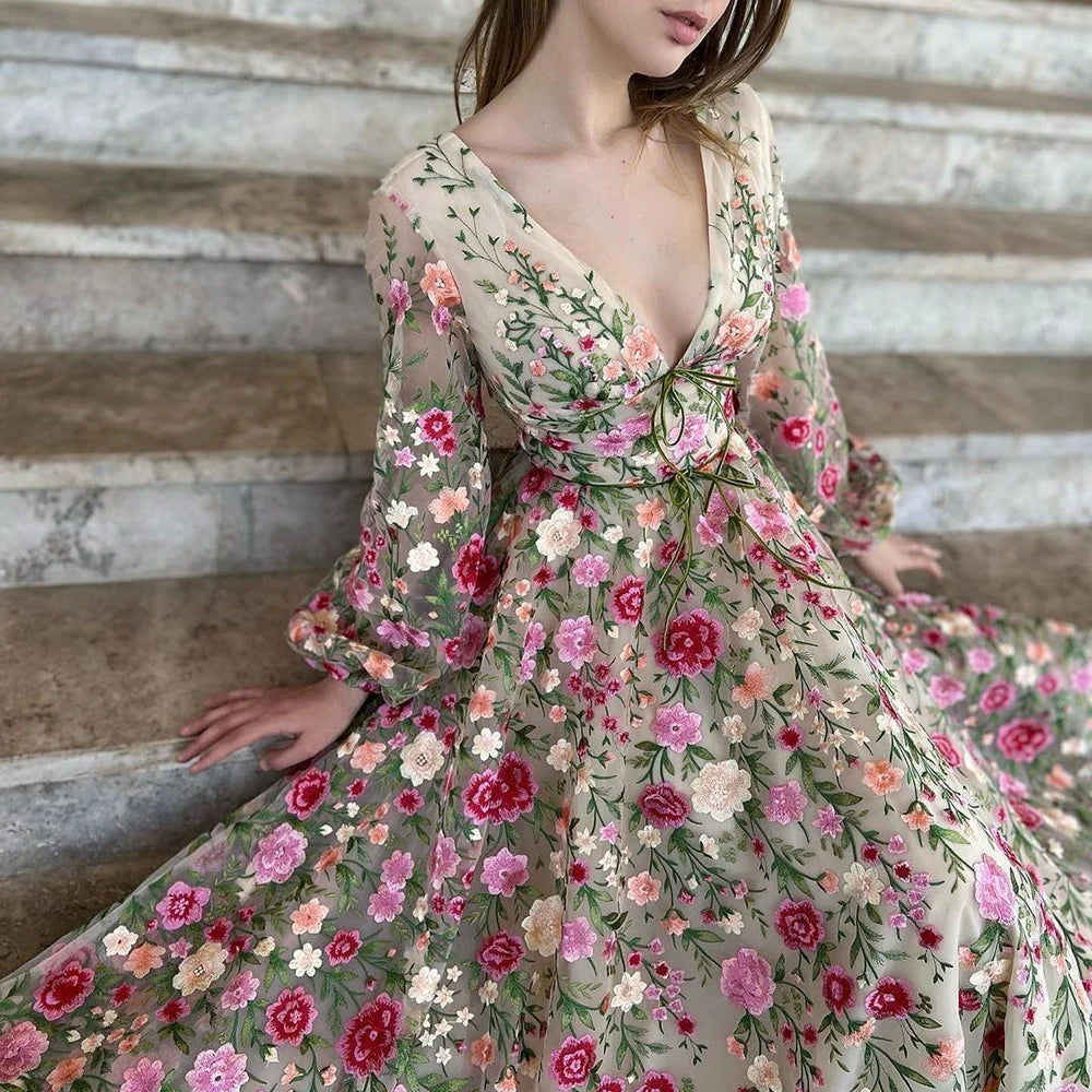A-Line/Princess V-Neck Long Sleeves Floral Formal Party Dresses With Flowers Beautiful