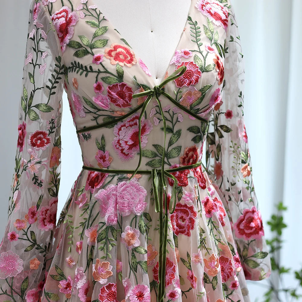 A-Line/Princess V-Neck Long Sleeves Floral Formal Party Dresses With Flowers Beautiful
