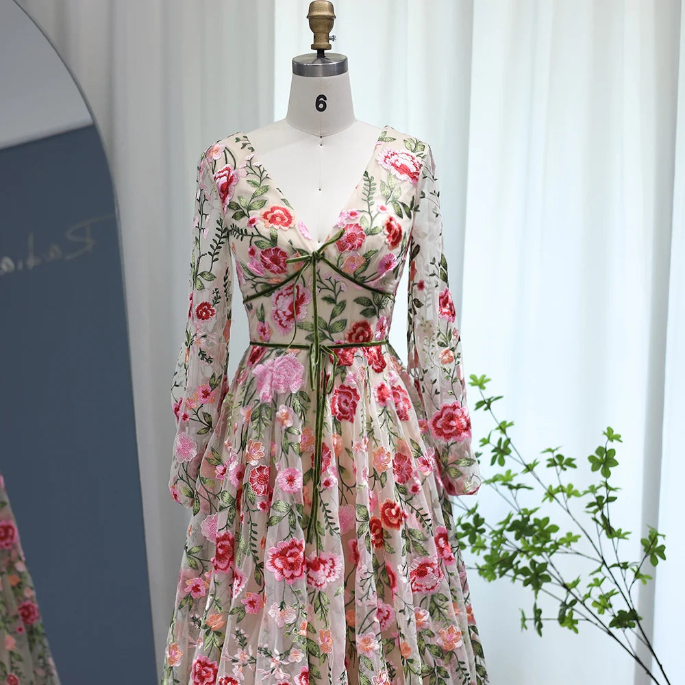 A-Line/Princess V-Neck Long Sleeves Floral Formal Party Dresses With Flowers Beautiful
