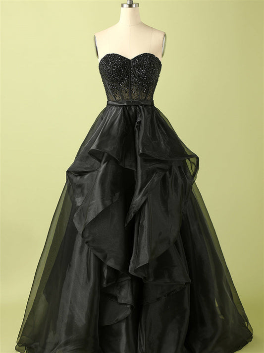 Ball-Gown Strapless Sleeveless Floor-Length Beaded Evening Dress Sexy