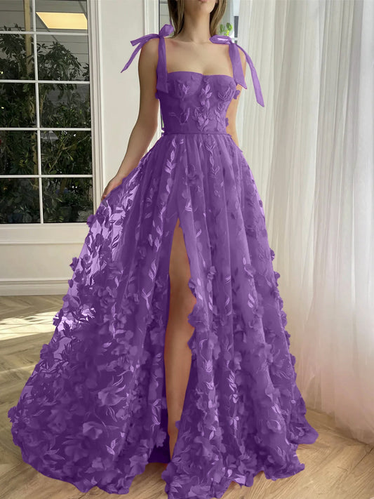 A-Line/Princess Spaghetti Straps Long Prom Floral Dresses With Split Side Pure Color