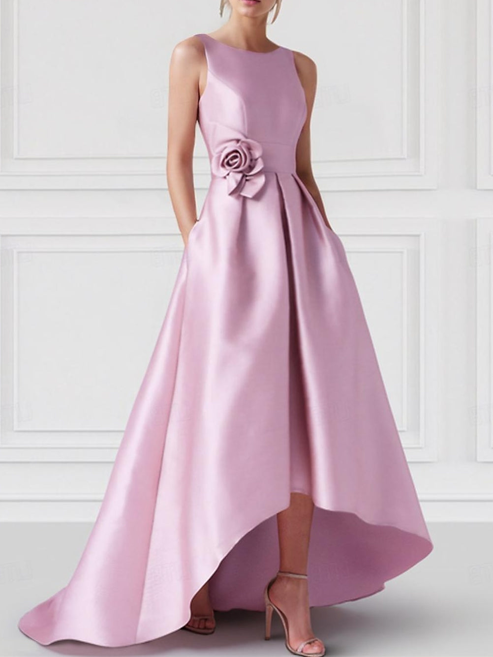 A-Line/Princess Boat Neck Sleeveless Floor-Length Prom Dresses With Pocket Pure Color