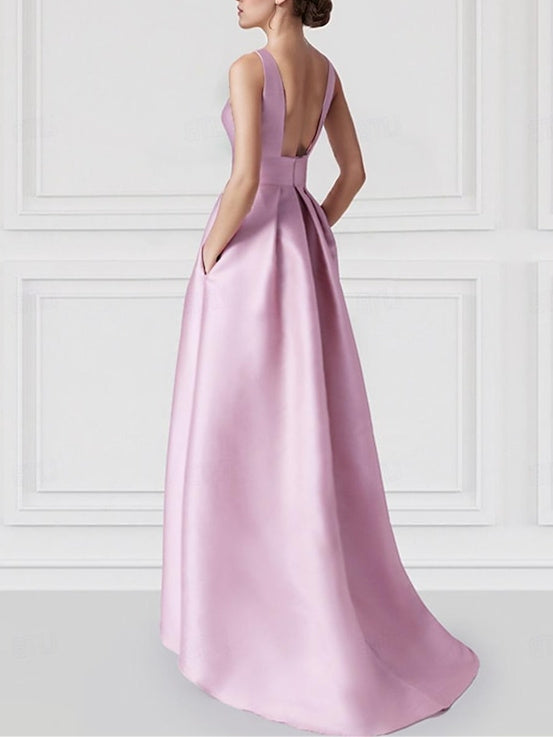 A-Line/Princess Boat Neck Sleeveless Floor-Length Prom Dresses With Pocket Pure Color