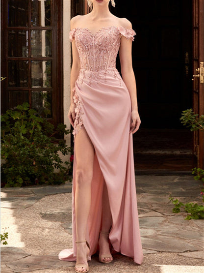 A-Line/Princess Sweetheart Off-The-Shoulder Floor-Length Prom Dresses With Lace