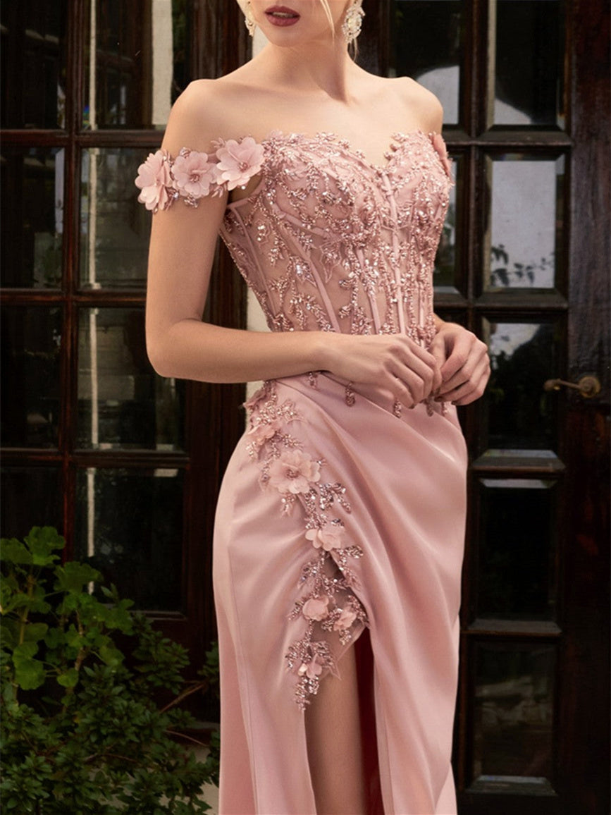 A-Line/Princess Sweetheart Off-The-Shoulder Floor-Length Prom Dresses With Lace