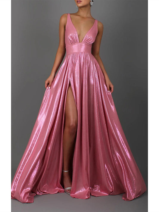 A-Line/Princess Sleeveless V Neck Floor-Length Prom Dresses With Pleats Sexy