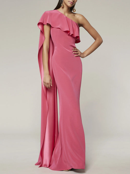 Sheath/Column One-Shoulder Sleeveless Floor-Length Evening Dress With Watteau Train Sexy