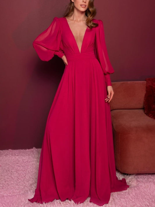 A-Line/Princess V-Neck Long Sleeves Floor-Length Evening Dress With Ruffles Sexy