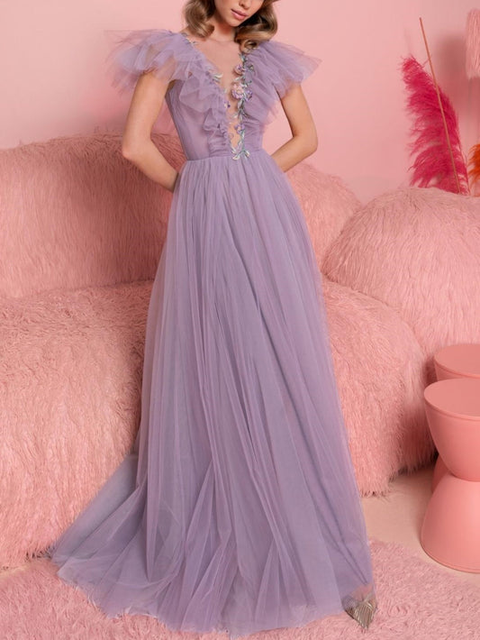 A-Line/Princess V-Neck Short Sleeves Floor-Length Evening Dress With Ruffles Sexy