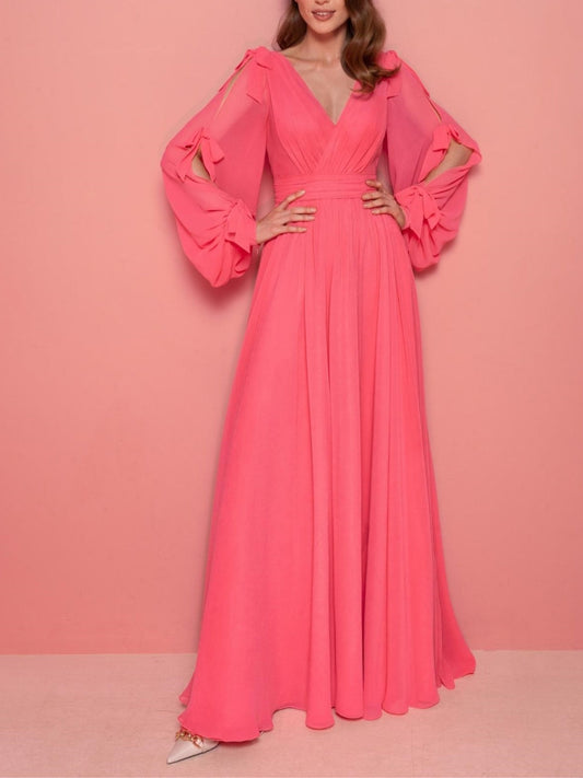 A-Line/Princess V-Neck Long Sleeves Floor-Length Evening Dress With Ruffles Sexy