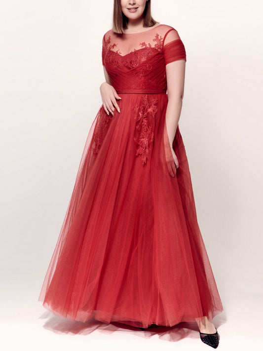 A-Line/Princess Jewel Neck Short Sleeves Ankle-Length Evening Dress With Applique Sexy