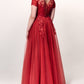 A-Line/Princess Jewel Neck Short Sleeves Ankle-Length Evening Dress With Applique Sexy
