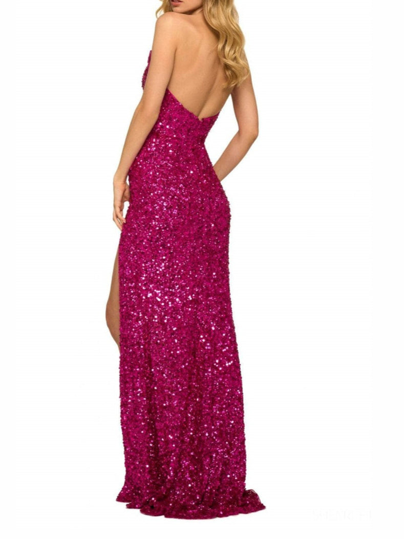A-Line/Princess V-Neck Floor-Length Evening Dress With High Slit Sparkly