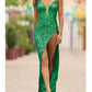 A-Line/Princess V-Neck Floor-Length Evening Dress With High Slit Sparkly