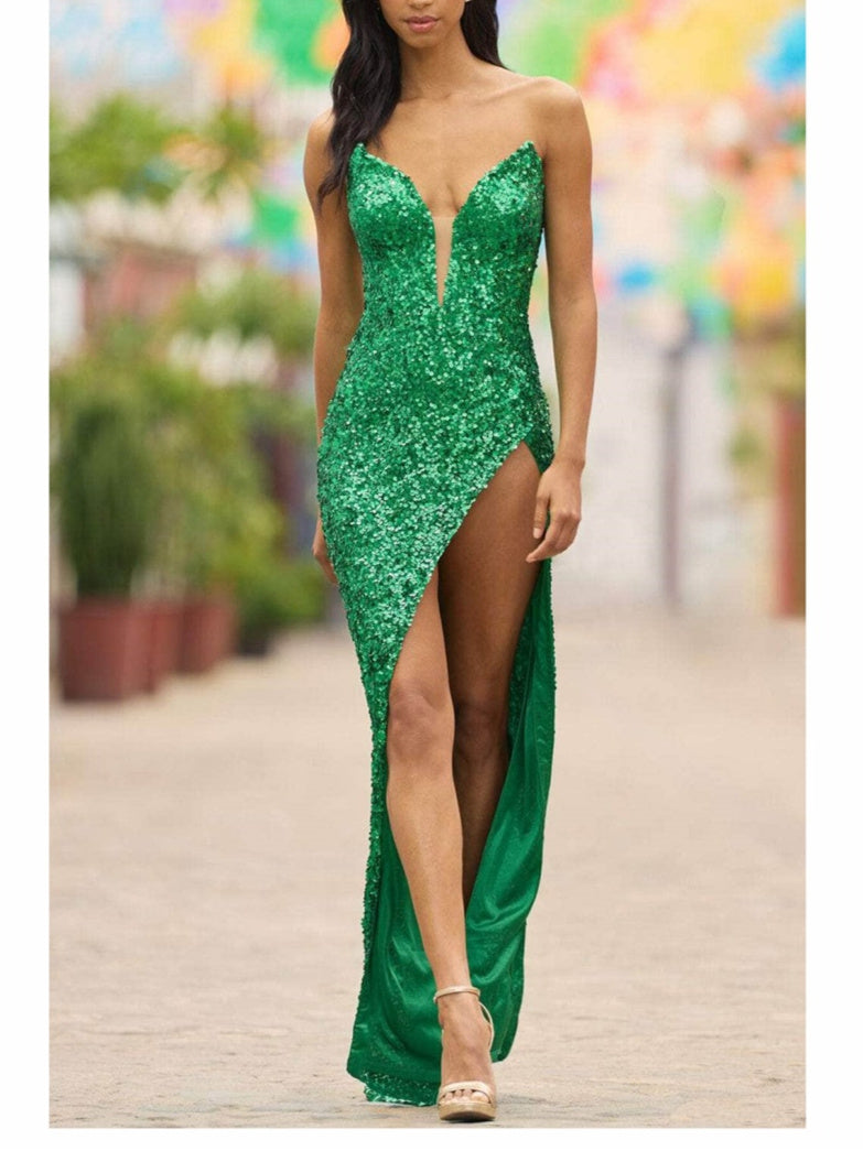 A-Line/Princess V-Neck Floor-Length Evening Dress With High Slit Sparkly