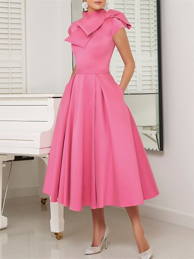 A-Line/Princess High Neck Short Sleeves Tea-Length Cocktail Dresses With Bow