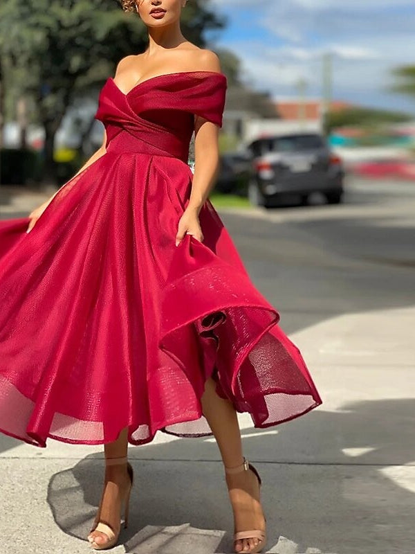 A-Line/Princess Off-The-Shoulder Tea-Length Cocktail Dresses Pure Color