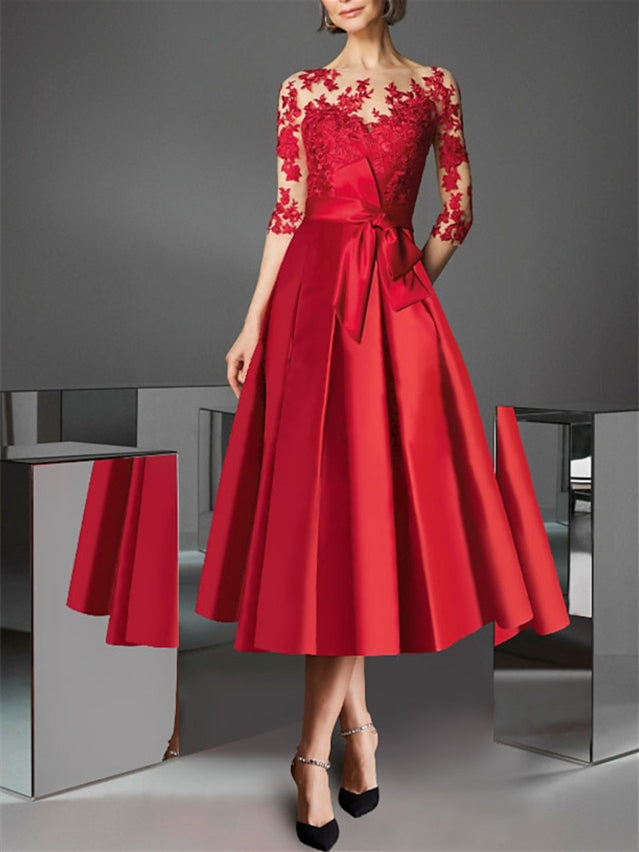 A-Line/Princess Illusion Neck Tea-Length Cocktail Dresses With Bowknot Red