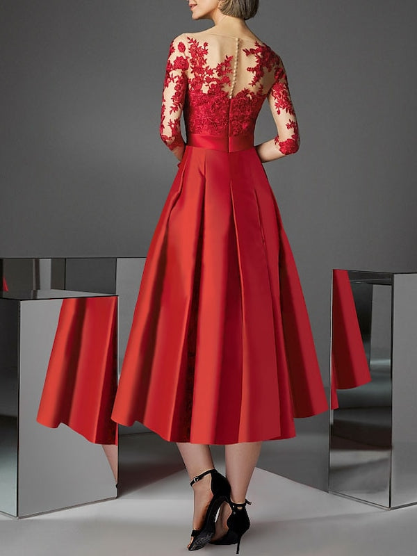 A-Line/Princess Illusion Neck Tea-Length Cocktail Dresses With Bowknot Red