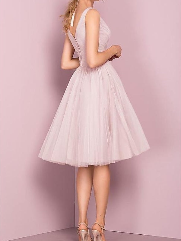 A-Line/Princess V Neck Sleeveless Tea-Length Cocktail Dresses With Pleats Short