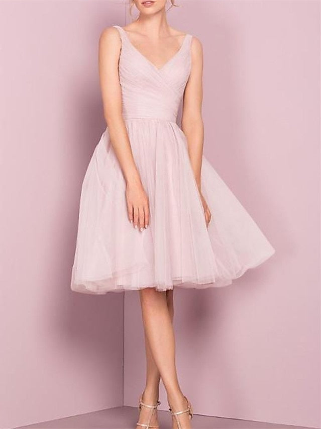 A-Line/Princess V Neck Sleeveless Tea-Length Cocktail Dresses With Pleats Short