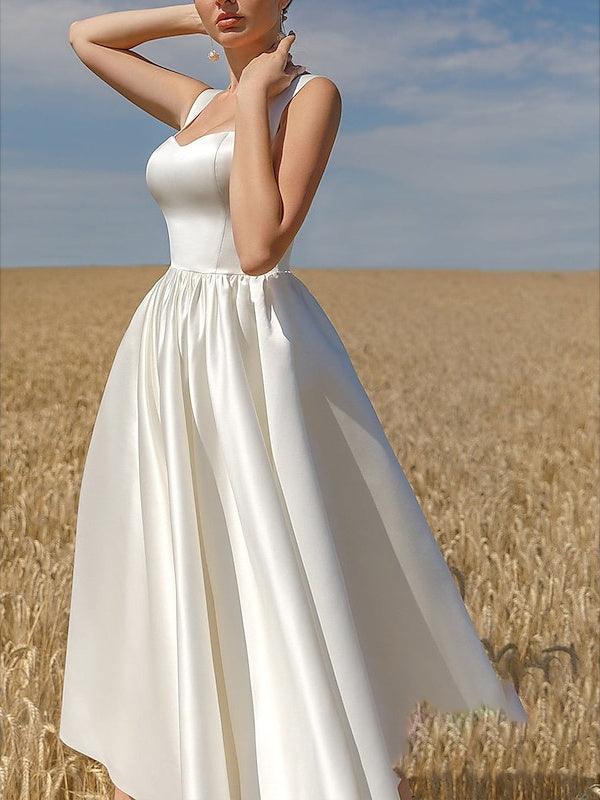 A-Line/Princess Scoop Neck Sleeveless Tea-Length Cocktail Dresses With Sleek Ivory