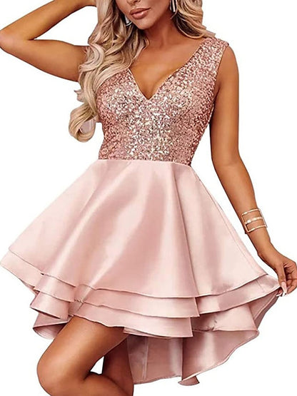 A-Line/Princess Asymmetrical Sleeveless V Neck Cocktail Dresses With Sequin Sparkly