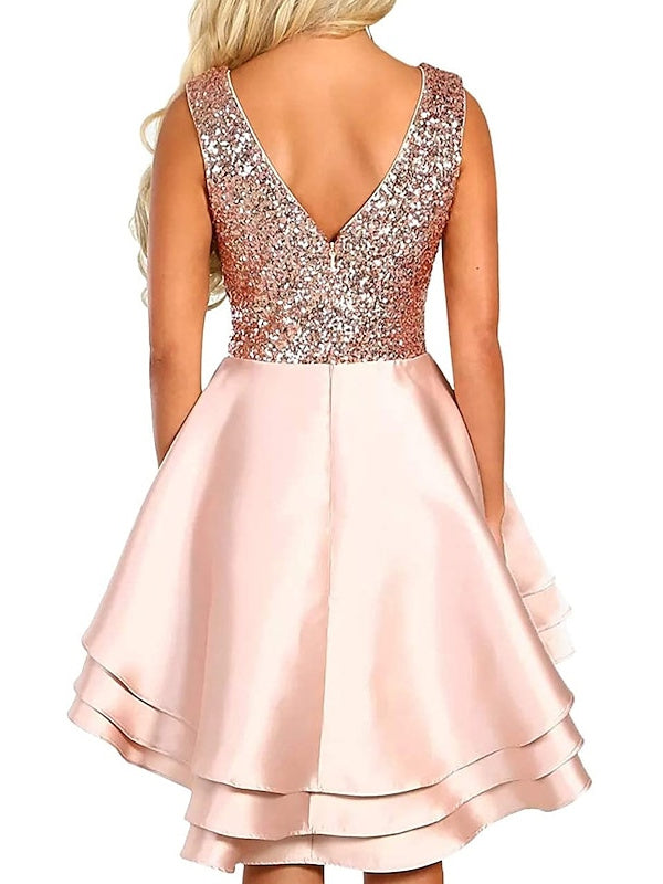 A-Line/Princess Asymmetrical Sleeveless V Neck Cocktail Dresses With Sequin Sparkly