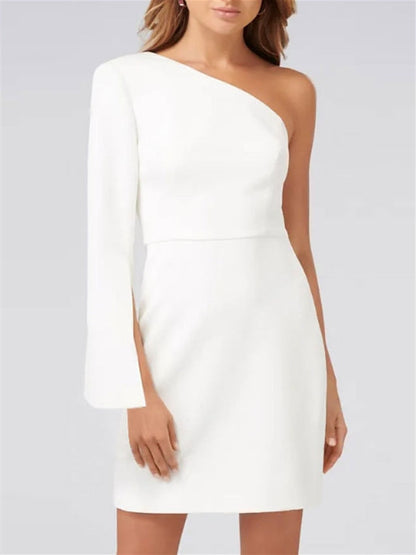 Sheath/Column One Shoulder Long Sleeve Cocktail Dresses Short White