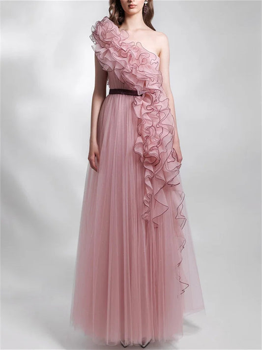 A-Line/Princess Sleeveless One Shoulder Ruffled Mesh Evening Dresses Sexy