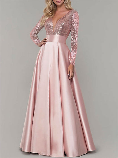 A-Line/Princess V Neck Long Sleeves Floor-Length Evening Dresses Sparkly