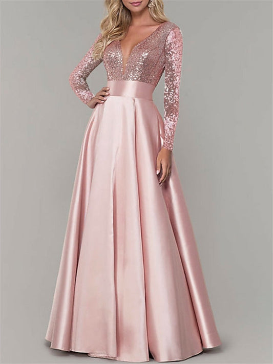 A-Line/Princess V Neck Long Sleeves Floor-Length Evening Dresses Sparkly