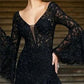 A-Line/Princess V-Neck Long Sleeves Floor-Length Evening Dresses With Appliques Black